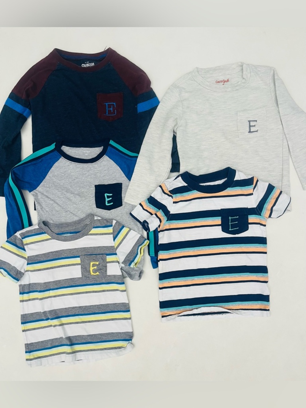 Set of 5 - Boys “E” Embroidered Monogrammed Shirts short and long sleeve size 4T